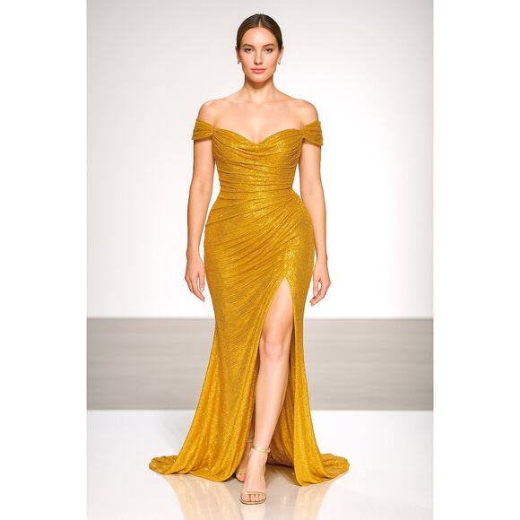 Gold Sequin Super Sexy Maxi Gown Ruched Draped Formal Coquette Dress Train S M - Picture 1 of 11